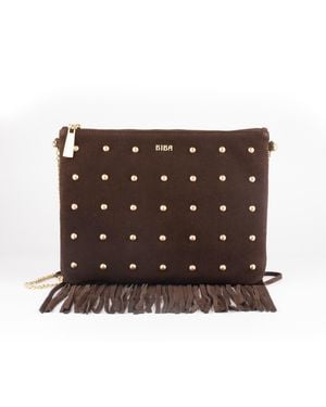 Biba Suede Fringe Studded Pouch - Brown