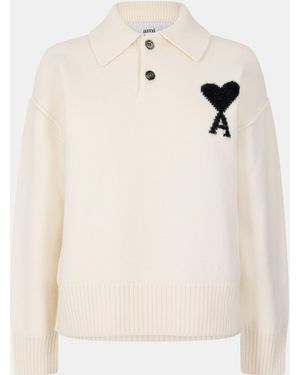 Ami Paris Knitted Long Sleeve Polo Shirt - White
