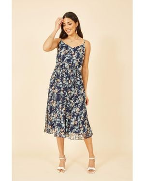 Mela London Floral Strappy Pleated Midi Dress - Blue
