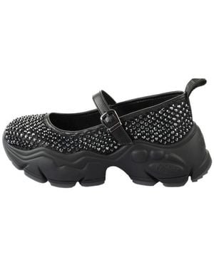 Buffalo Crystal Embellished Platform Mary Jane Ballet Court Shoes - Black