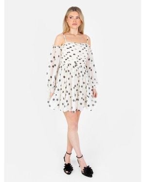 Anaya with love Recycled Polka-Dot Bardot Maxi Sleeve Mini Dress - White