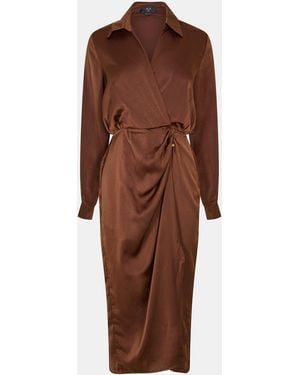AX Paris Chocolate Satin Wrap Shirt Midi Dress - Brown