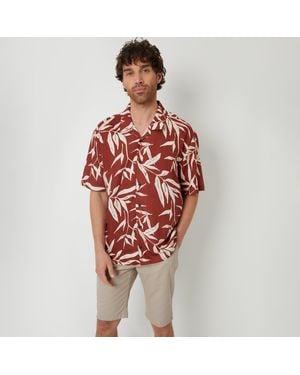 Threadbare Revere Collar Leaf Print Short Sleeve Shirt - Red