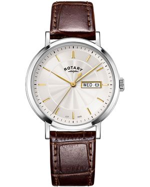 Rotary Heritage Ss Leather Strap Watch - Metallic