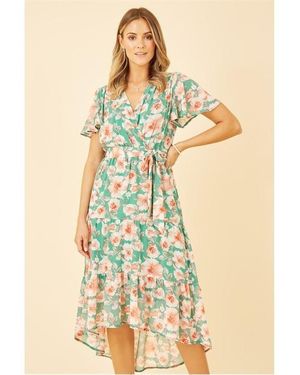 Mela London Floral Wrap Dress With Dipped Hem - Green