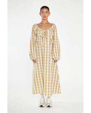 Glamorous Cream Check Gathered Tie-Neck Midi-Dress - Metallic