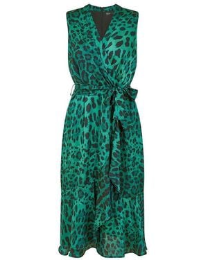 Mela London Animal Print Satin Midi Wrap Dress - Green