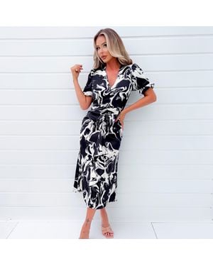 AX Paris And Cream Printed Frill Front Midi Dress - Blue