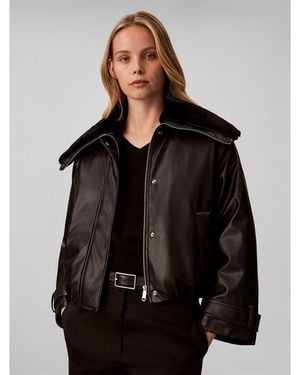 Calvin Klein Cropped Faux Leather Bomber Jacket - Black