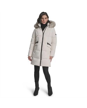DKNY Quilted Fur Hood Tailored Fit Medium Puffer Jacket - Grey