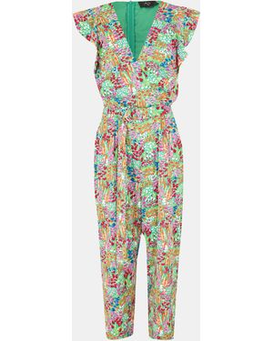 AX Paris Floral Print V Neck Belted Jumpsuit - Green