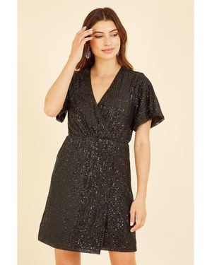 Mela London Sequin Kimono Sleeve Wrap Dress - Black