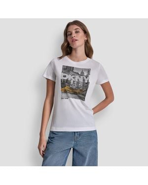 DKNY Rhinestone Taxi Photoreal Logo Crew Neck Tee - Grey