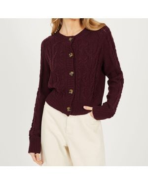 Brave Soul Crew Neck Cable Knit Cardigan With Raglan Sleeve - Purple