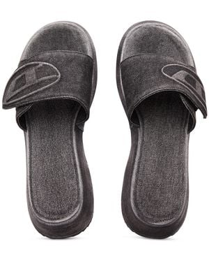 DIESEL Denim Slide Flat Sandals - Grey