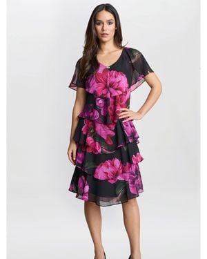 Gina Bacconi Skylar Short Printed Floral Tier Dress - Red
