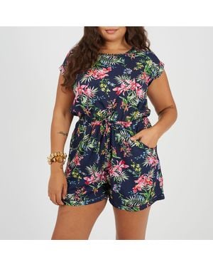 Brave Soul Plus Size Tropical Print Playsuit With Pockets - Blue