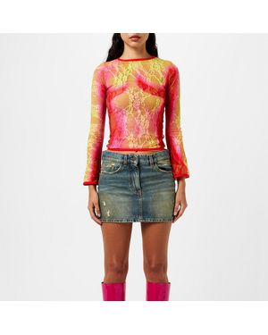 Sinead Gorey Lace Mesh Long Sleeve Crop Top - Red