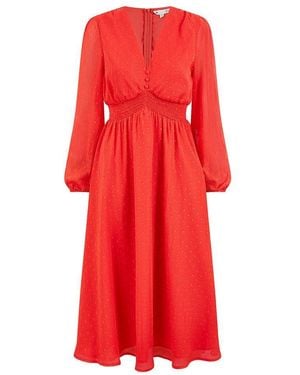 Yumi' Metallic Dobby Midi Swing Dress - Red