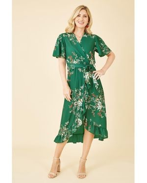 Mela London Floral Dip Hem Wrap Midi Dress - Green