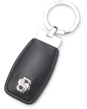 BOSS Leather Key Ring With Chrome Double B Monogram - Black