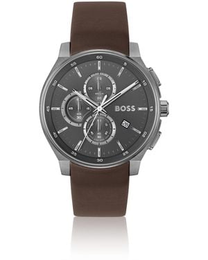 BOSS Plated Chronograph Watch With Leather Strap - Brown