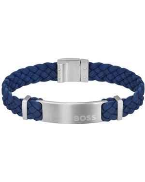 BOSS Bracelet tressé en cuir suédé bleu avec plaquette logo