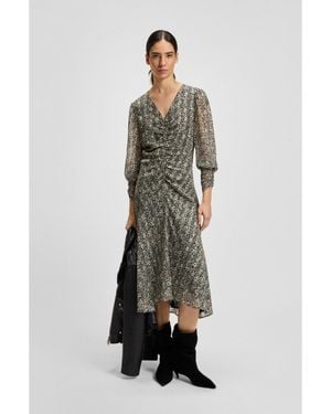 BOSS Printed-Seersucker Midi Dress With Gathered Details - Grey