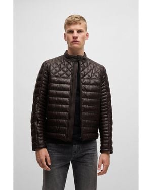 BOSS Nappa Leather Jacket With Stand Collar - Black