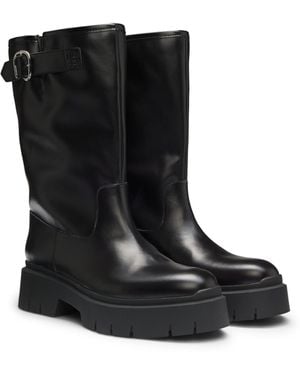 HUGO Faux-Leather Biker Boots With Buckle Detail - Black