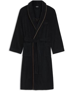 BOSS Cotton Dressing Gown With Piping And Embroidered Branding - Black