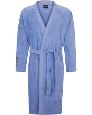 BOSS Cotton Dressing Gown With Embroidered Details - Blue