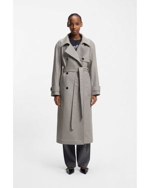 HUGO Houndstooth Trench Coat With Belt - Grey