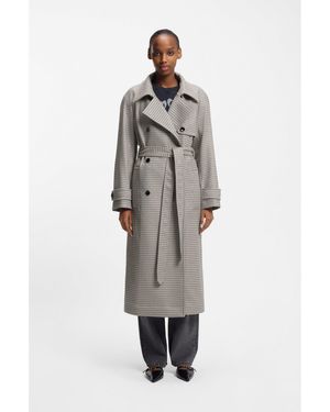 HUGO Houndstooth Trench Coat With Belt - Grey