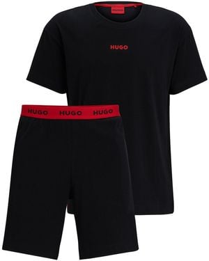 HUGO Pyjama Relaxed Fit en coton stretch avec logos - Noir