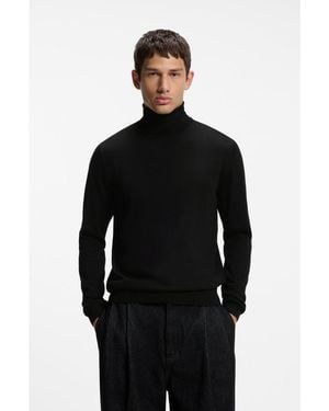 HUGO Merino-Wool Rollneck Jumper With Embroidered Logo - Black