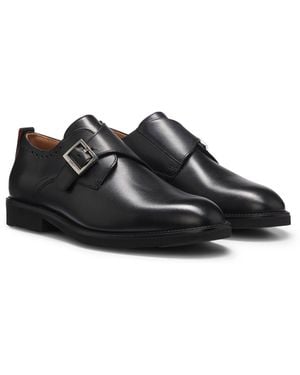 HUGO Leather Monk Shoes With Brogue Details - Black