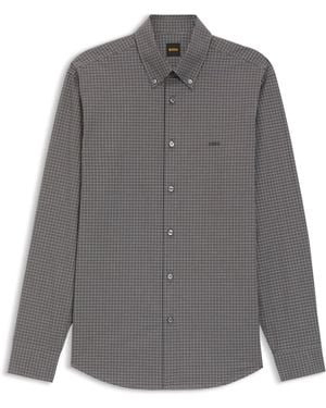 BOSS Regular-Fit Overhemd Van Geruite Stretchkatoen Met Dobbystructuur - Grijs