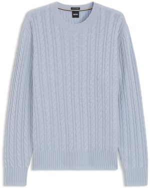 BOSS Pullover Aus Schurwolle Und Kaschmir Mit Zopfmuster - Blau