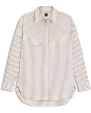 BOSS Oversized-Fit Blouse Van Gestreepte Katoen - Wit