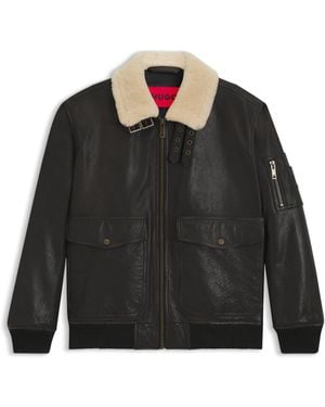 HUGO Lederjacke Im Aviator-Stil Mit Kragen - Schwarz