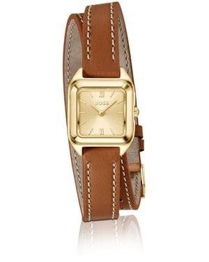 BOSS Mae Petite Golden Watch With Double-Wrap Leather Strap - Metallic