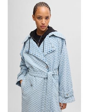 HUGO Denim Trench Coat With Checkerboard Jacquard - Blue