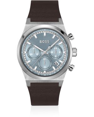 BOSS Zilverkleurig Chronograaf Horloge Met Bruine Leren Band - Grijs