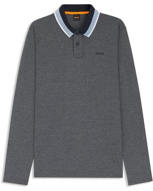 BOSS Poloshirt Aus Baumwoll-Piqué Mit Gestreiftem Kragen - Grau
