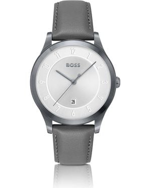 BOSS Threehand-Plated Watch With Leather Strap - Grey