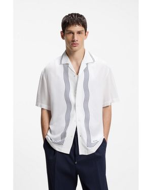 HUGO Oversized-Fit Printed Shirt With Camp Collar - White