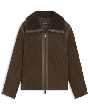 BOSS Chaqueta De Estilo Aviador En Ante Con Cuello De Piel De Borrego - Marrón