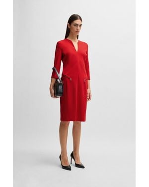 BOSS V-neck Dress With Zipped Pockets And Cropped Sleeves - Red