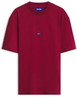 HUGO Ribbed-Neck Cotton T-Shirt With Logo Badge - Red